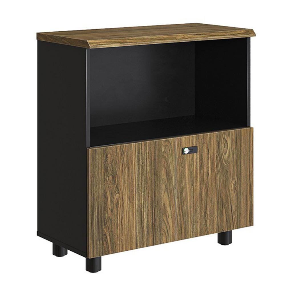 An office low cabinet with two doors modern laminate and melamine finish compact size locked doors in a professional office setting