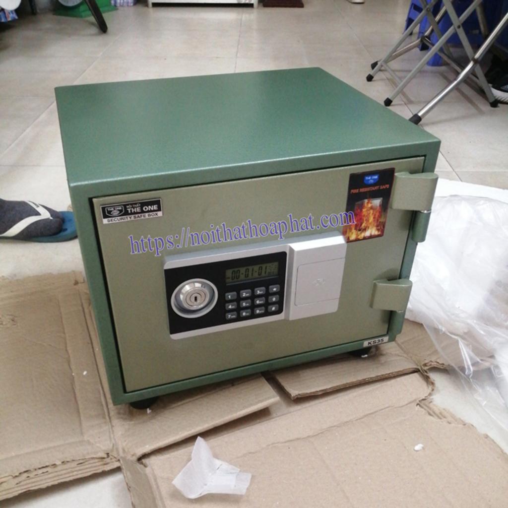 Mô tả chi tiết thông số kỹ thuật của két sắt KS35NDT với các sơ đồ kích thước và khóa