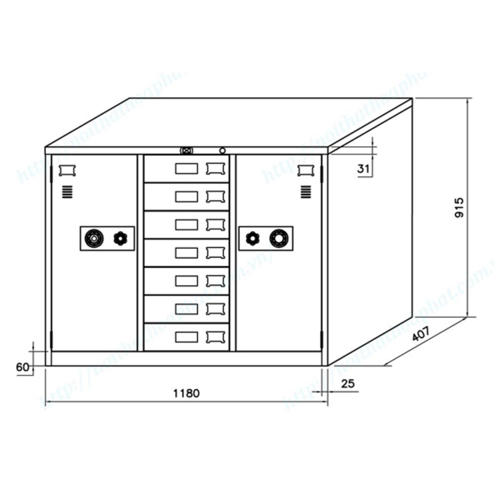 Bản vẽ kỹ thuật kích thước Tủ tài liệu ghép TU118-7D
