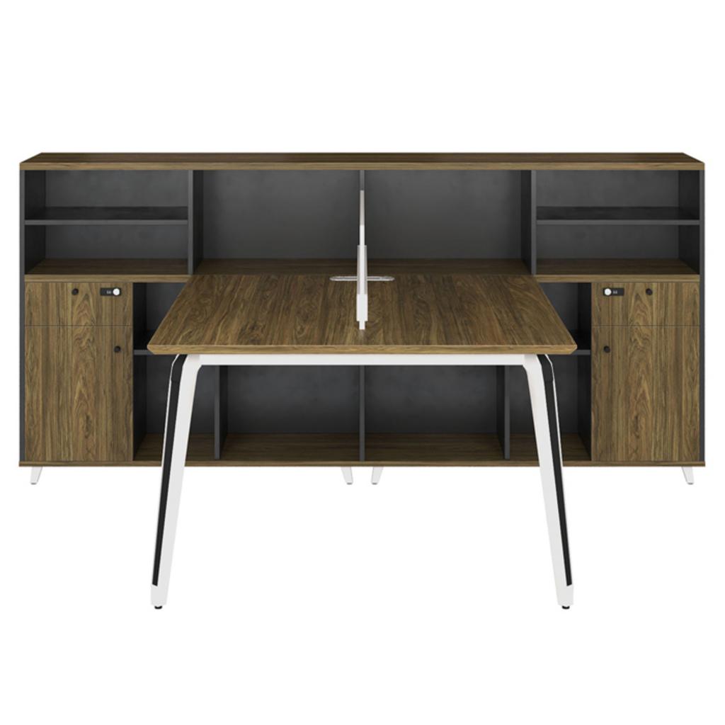 Bảng thông số kỹ thuật chi tiết module bàn làm việc 2 chỗ STMD04-2C16 kích thước và vật liệu rõ ràng chân thép và mặt gỗ Melamine