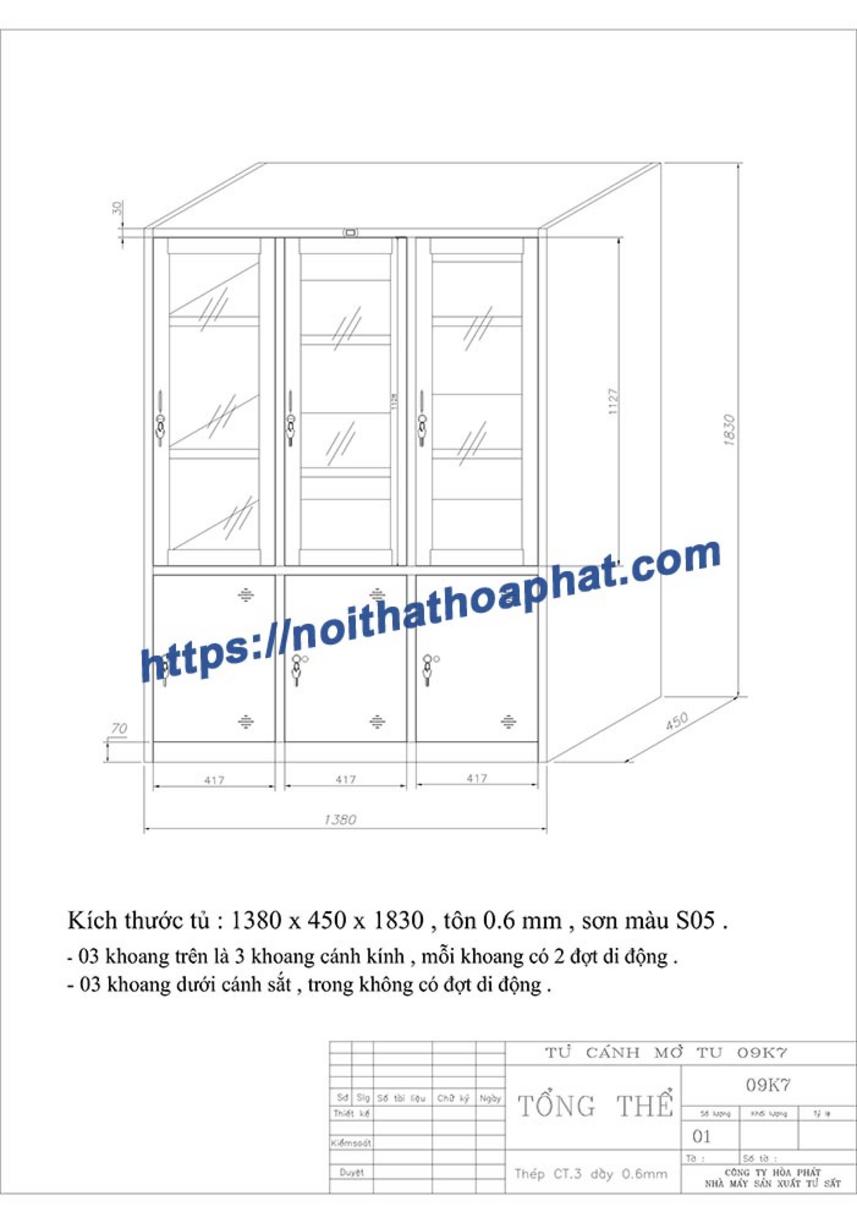 Bảng thông số kỹ thuật chi tiết tủ sắt hồ sơ TU09K7CK bao gồm kích thước chất liệu màu sắc