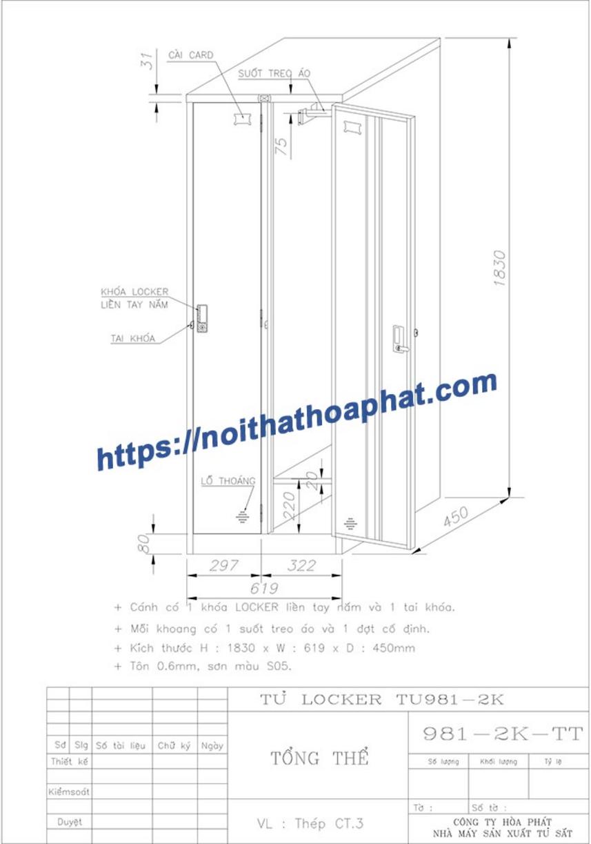 Chi tiết kỹ thuật Tủ Locker TU981-2K gồm kích thước và vật liệu sắt sơn tĩnh điện