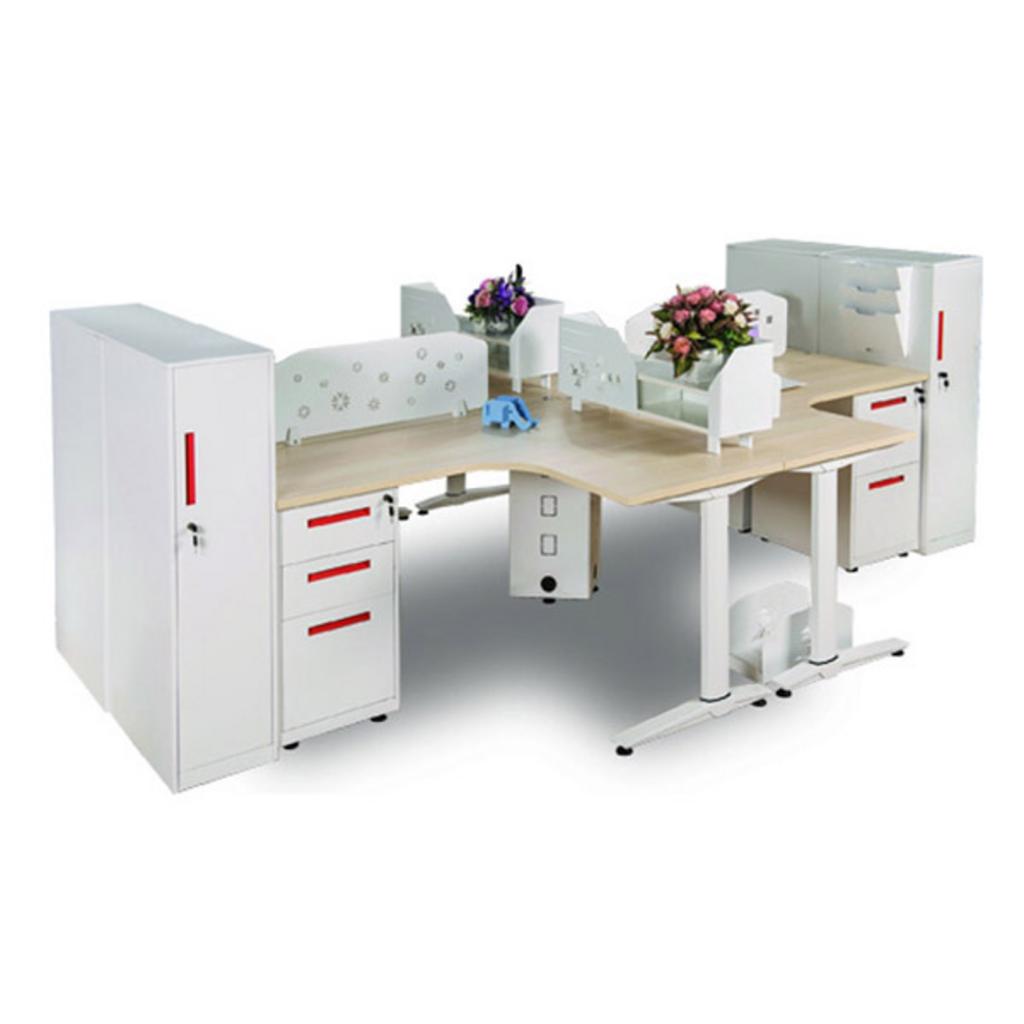 Module bàn làm việc UNMD03CS3 - bàng gỗ Melamine vân gỗ khung thép trắng thiết kế dành cho 4 người trong văn phòng hiện đại