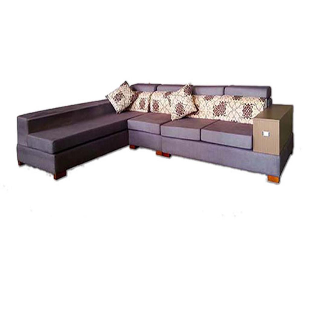 Sofa vải cao cấp SF44 trong phòng khách hiện đại màu sofa góc chữ L chất liệu vải nỉ màu trung tính với gối ôm