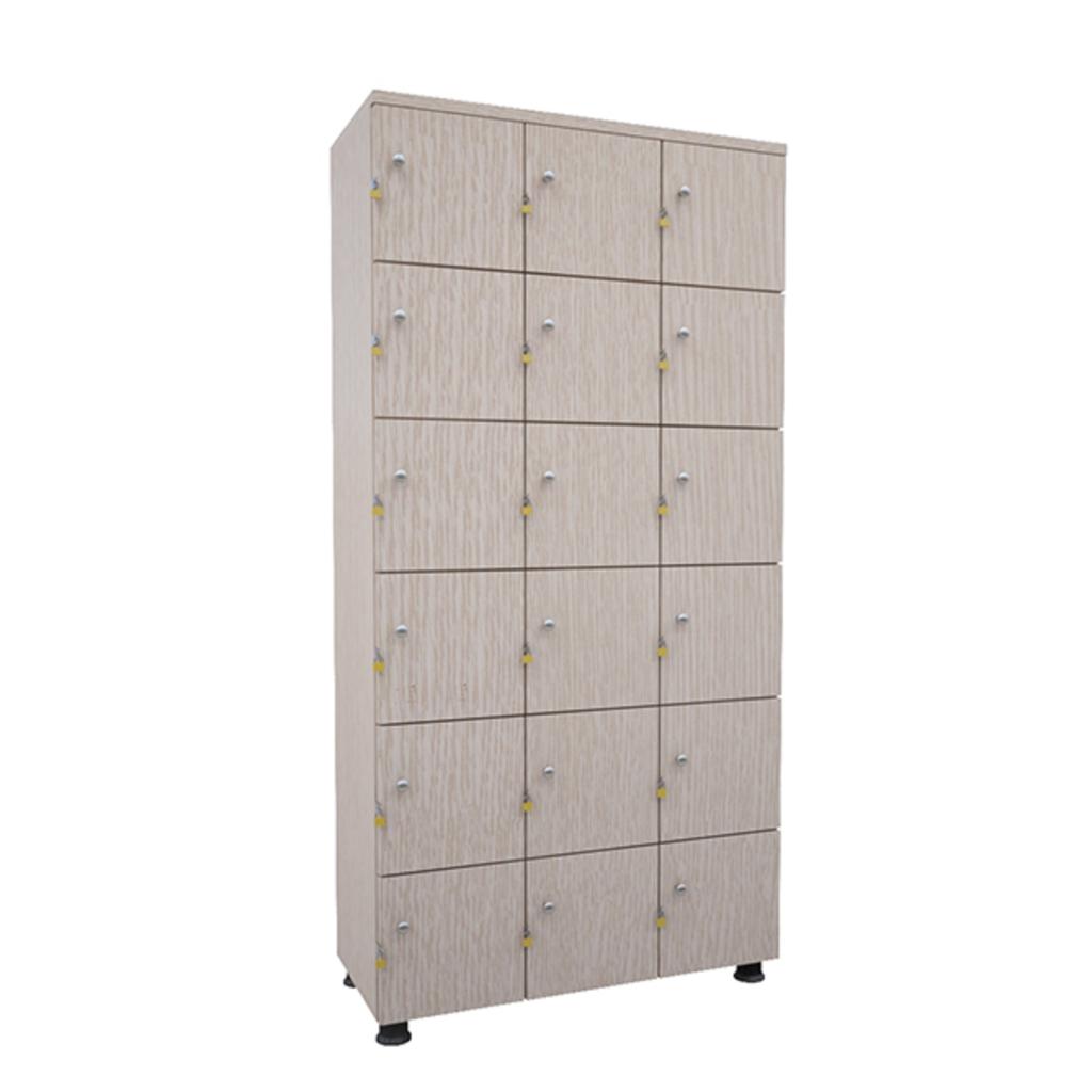 Tủ Locker Gỗ 18 ngăn TUG18 với khóa tai ngoài đặt trong môi trường văn phòng hiện đại
