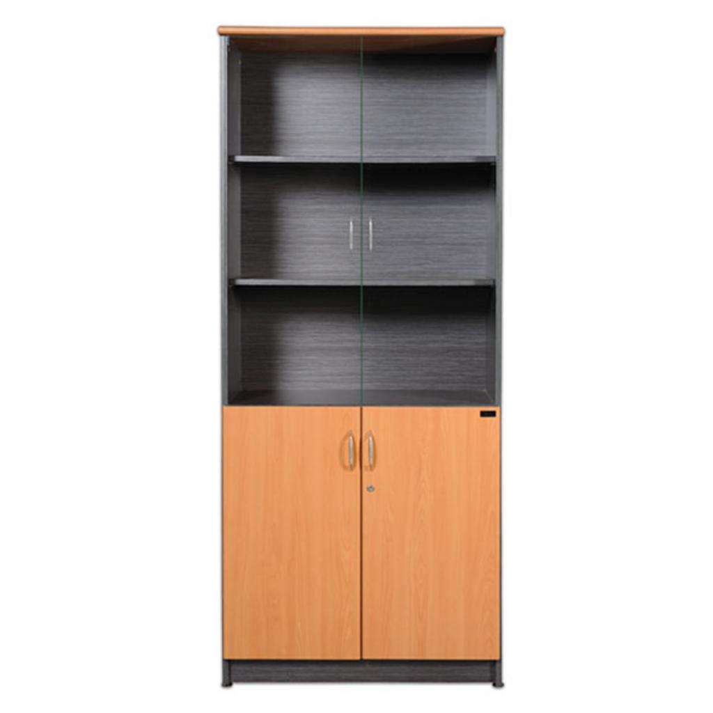 Tủ tài liệu NT1960G gỗ công nghiệp vân gỗ với cánh kính trên và cánh gỗ dưới phong cách văn phòng hiện đại