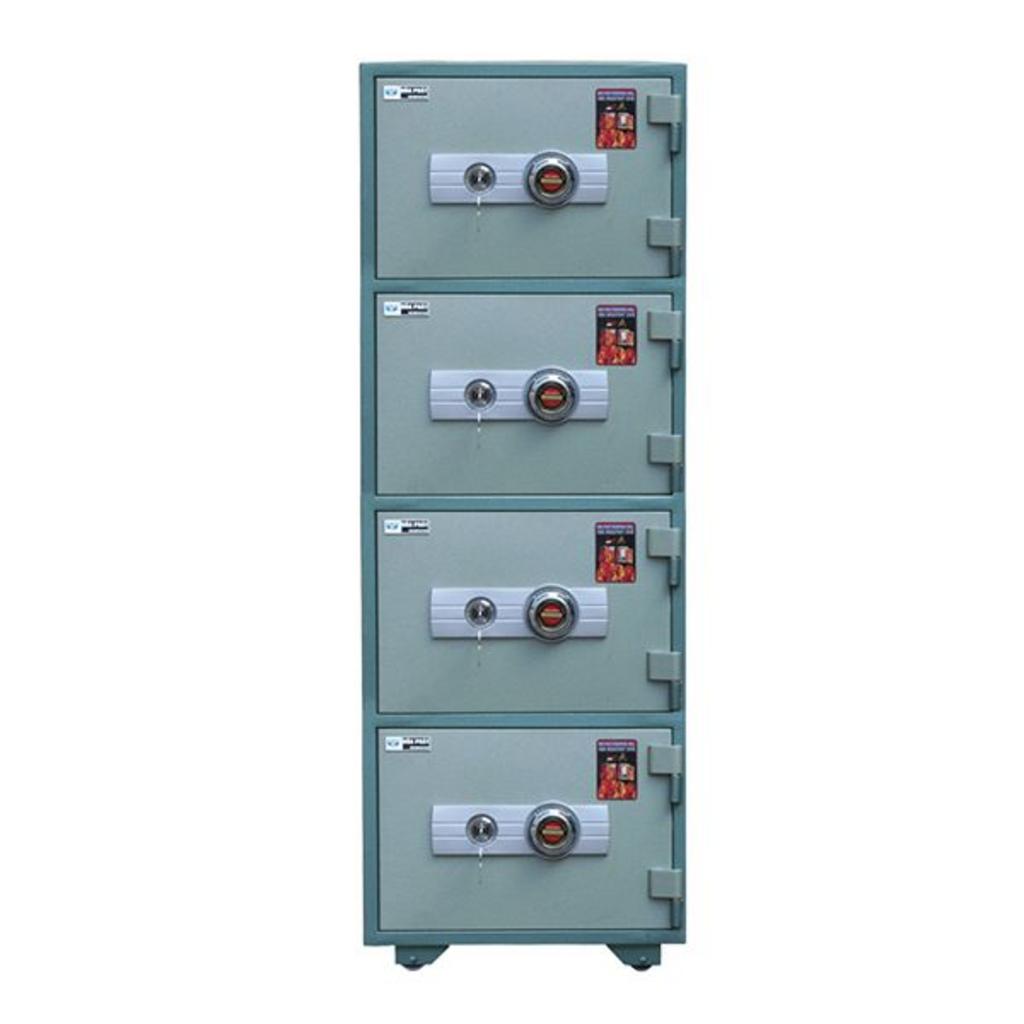 Két sắt chống cháy KS50T4 màu xanh bạc với 4 tầng khóa cơ riêng biệt