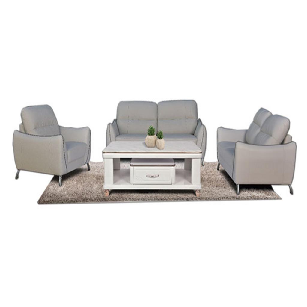 Sofa gia đình SF308A màu xám bọc da thật trong phòng khách hiện đại