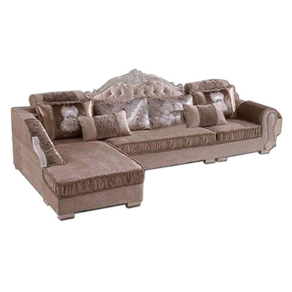 Sofa gia đình SF50 thiết kế góc bọc nỉ màu trung tính với khung gỗ sơn hiện đại đặt trong phòng khách sang trọng