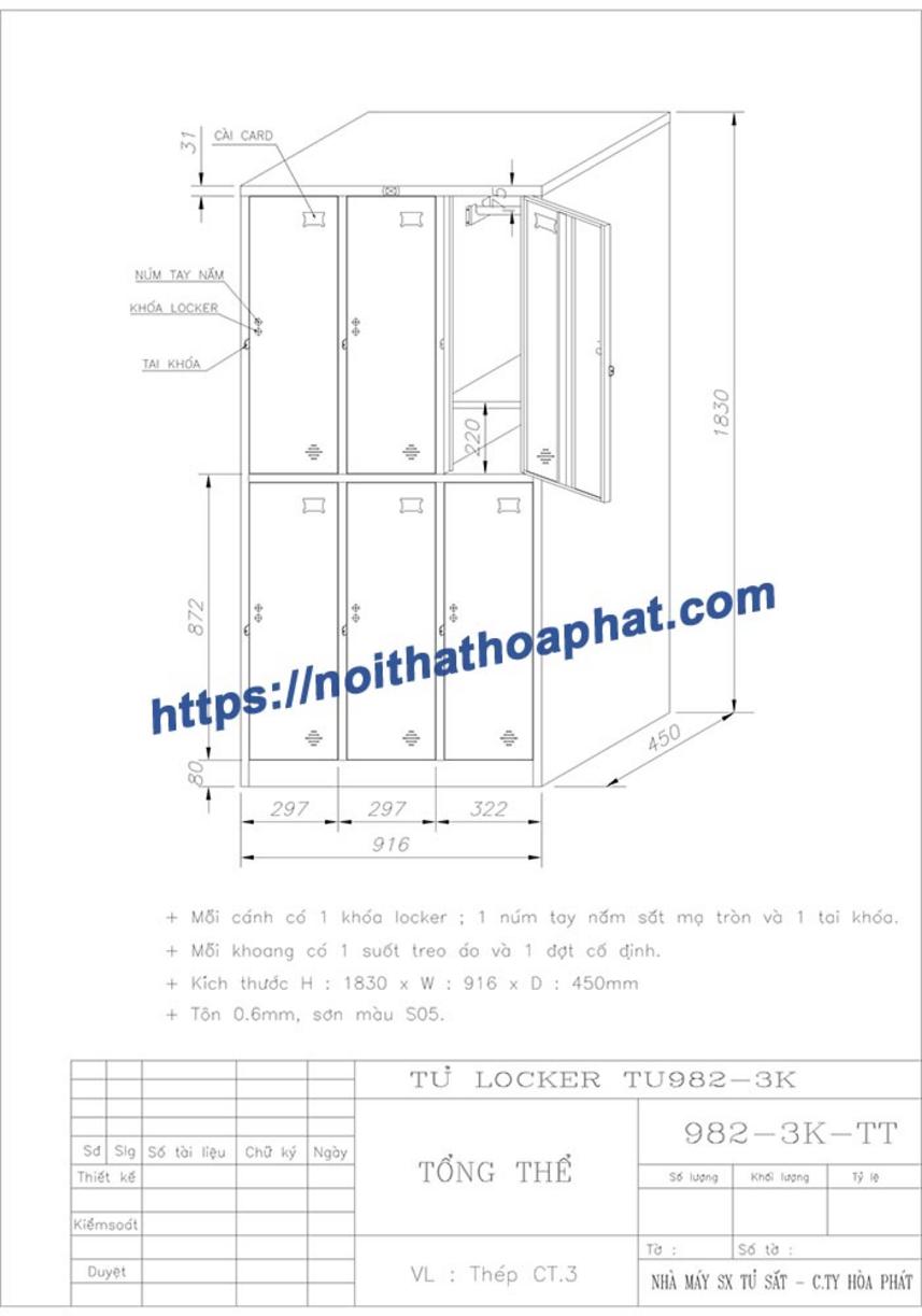 Thông số kỹ thuật tủ locker 6 ngăn TU982-3K