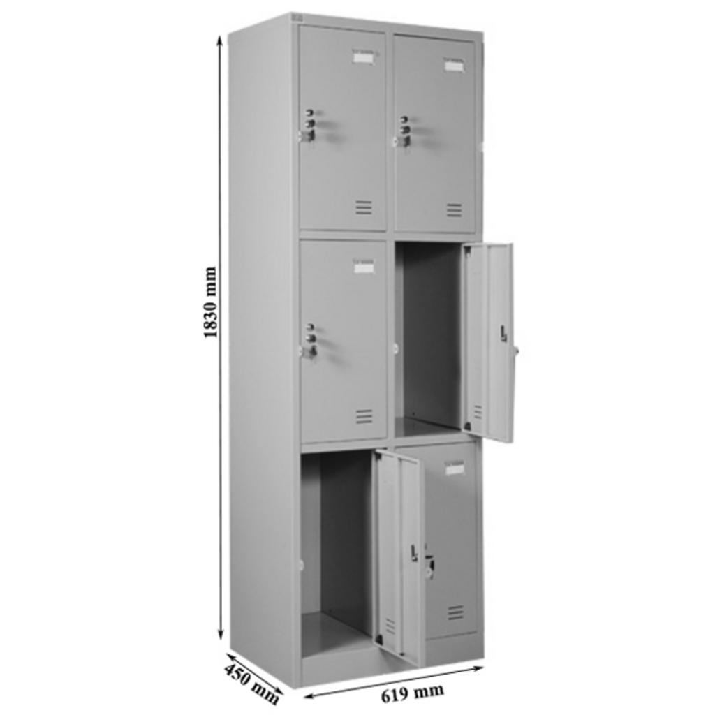 Technical drawing of a six compartment steel locker with dimensions