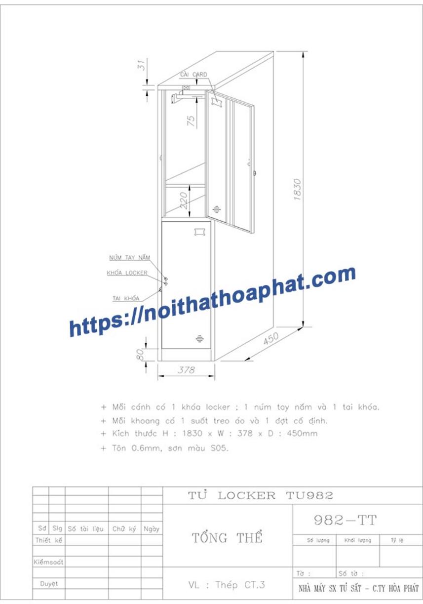 Thông số kỹ thuật Tủ Locker 2 ngăn TU982