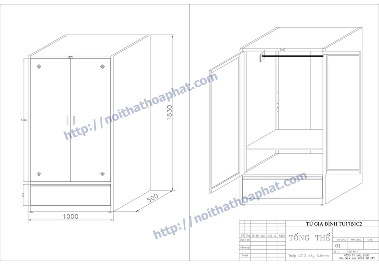 Thông số kỹ thuật tủ sắt quần áo TU17B1C2