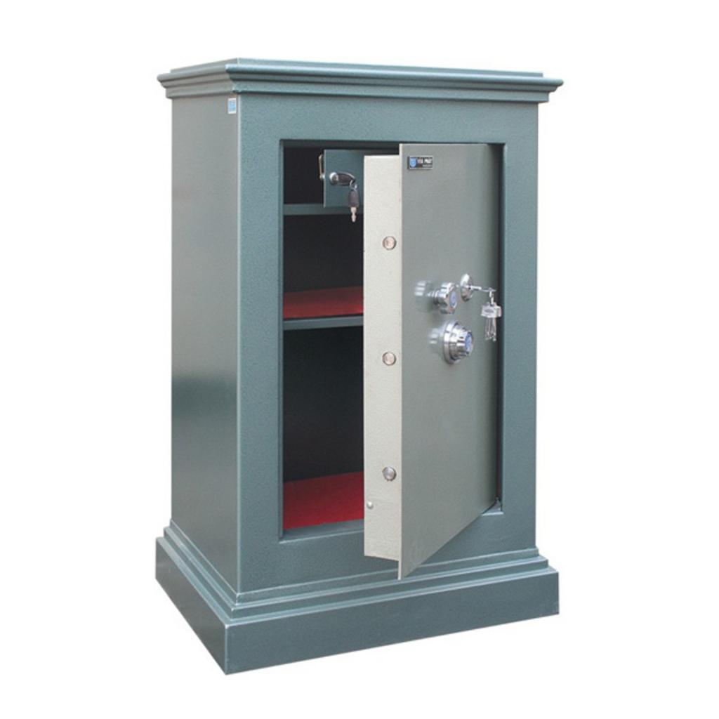 Technical Schematic of a Security Safe with Dimensions and Lock System