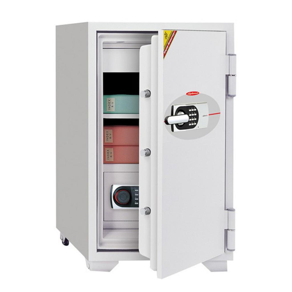 Thông số kỹ thuật chi tiết két sắt KDB143 hiển thị trên nền hình ảnh sản phẩm