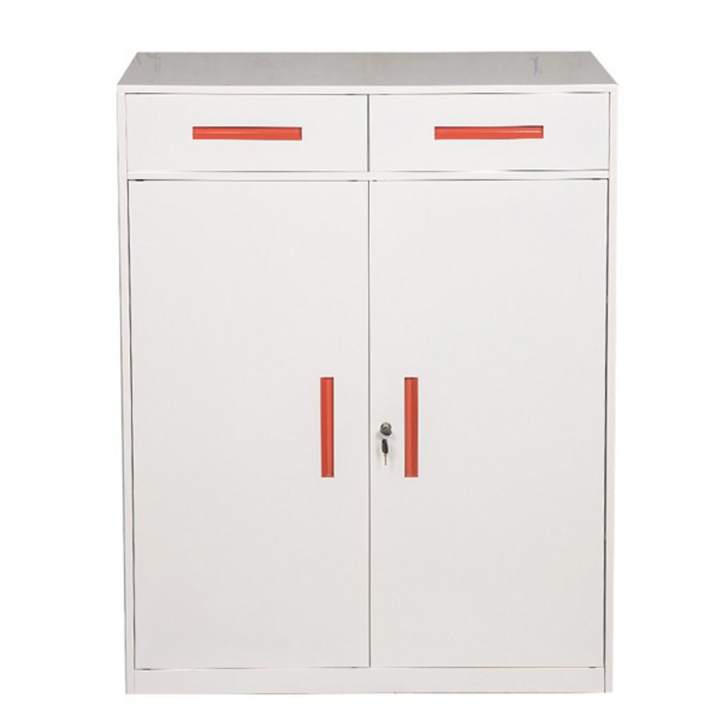 Tủ hồ sơ TU12NKD sắt trắng với tay nắm âm màu cam trong văn phòng hiện đại