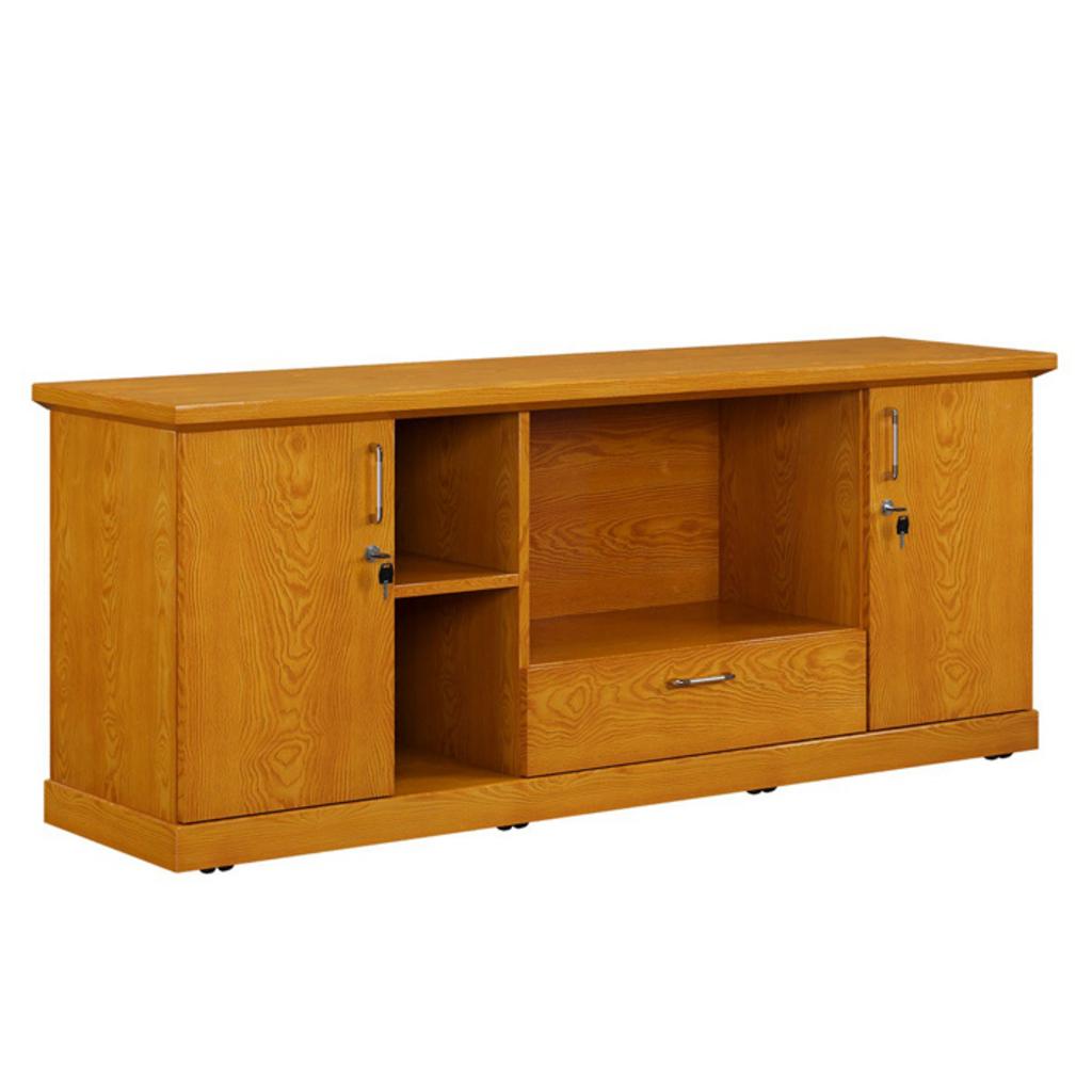 Tủ phụ TPV2 Thiết kế hiện đại màu nâu gỗ veneer khoang đôi cánh mở và ngăn kéo trung tâm đặt bên cạnh bàn làm việc văn phòng