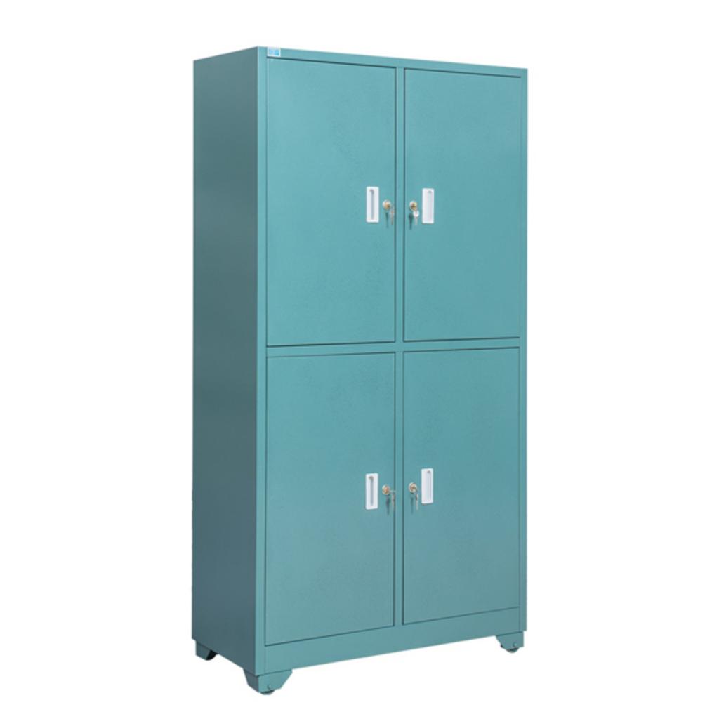 Tủ sắt an toàn TU09K4B trong văn phòng hiện đại màu xanh bộ đội 4 khoang mở nhìn rõ khóa và bánh xe