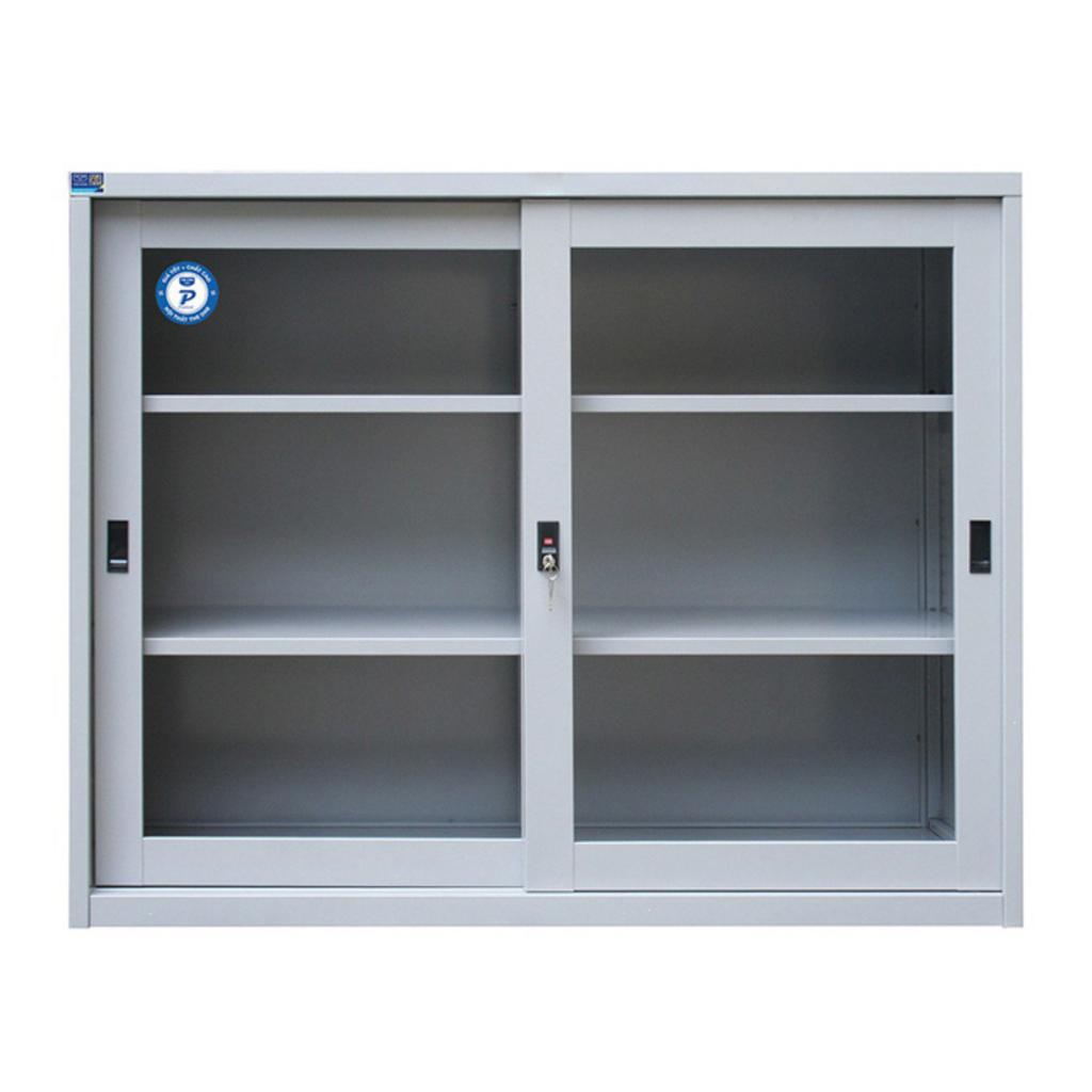 Tủ sắt cánh kính lùa TU118GPCK màu ghi trong văn phòng hiện đại chi tiết cánh kính lùa và khóa chìa