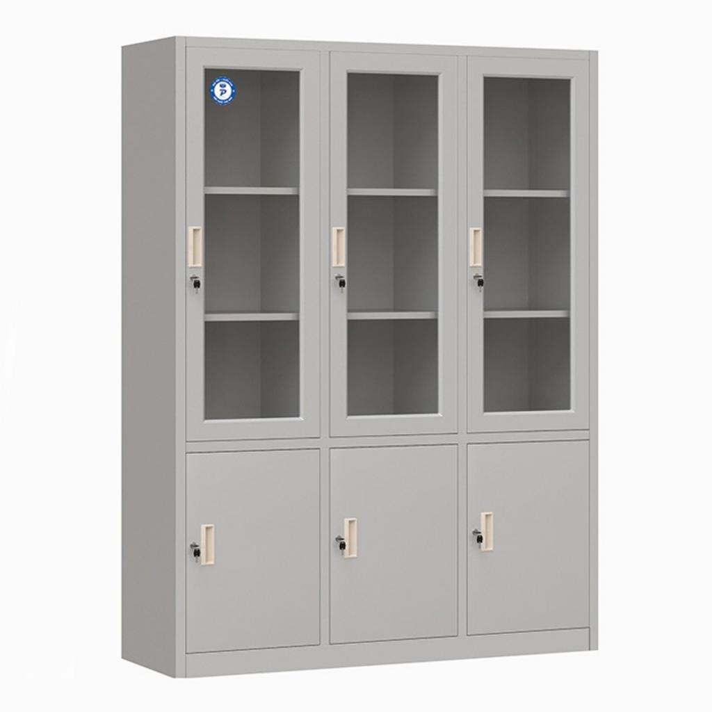 Tủ sắt hồ sơ TU09K7PCK trong văn phòng hiện đại với mỗi khoang có cánh kính và cánh sắt