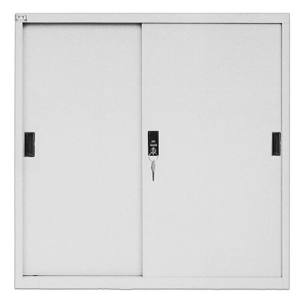 Tủ tài liệu ghép TU88S sắt sơn tĩnh điện màu ghi với 2 cánh cửa lùa trong môi trường văn phòng hiện đại