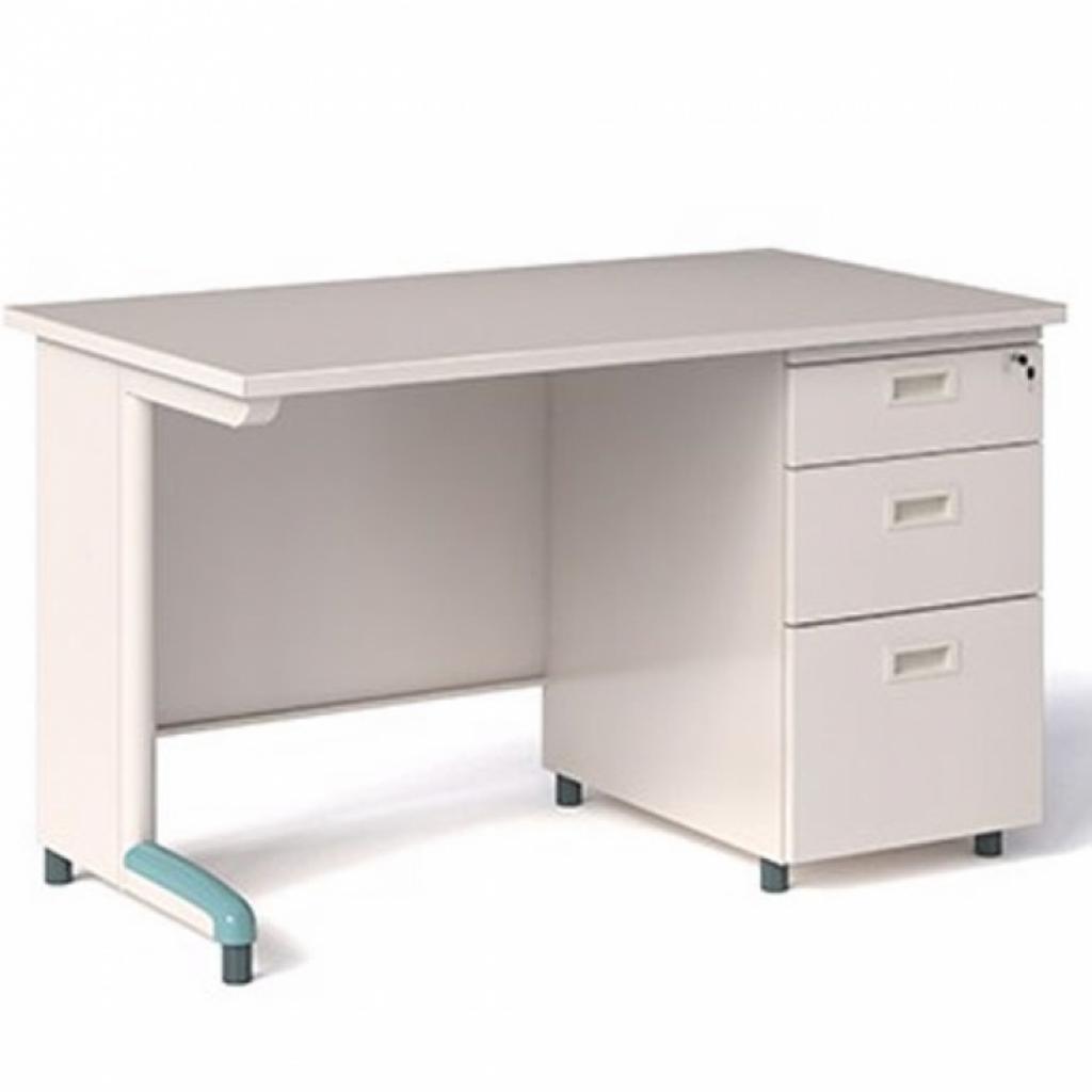 Ảnh cận cảnh các chi tiết bàn: mặt Melamine, chân sắt, hộc kéo và khóa an toàn.