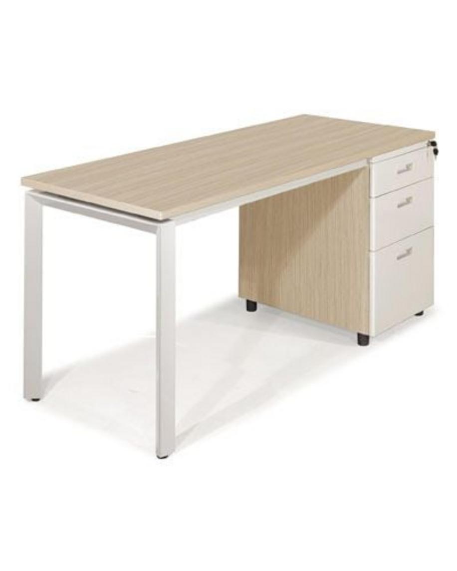 bàn làm việc chân sắt ống tam giác màu trắng có hộc tủ 3 ngăn kéo trong phòng làm việc hiện đại