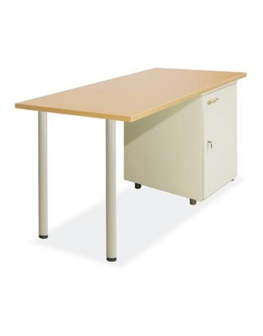 Cận cảnh thiết kế chân sắt, hộc kéo, mặt bàn melamine và bánh xe điều chỉnh chiều cao