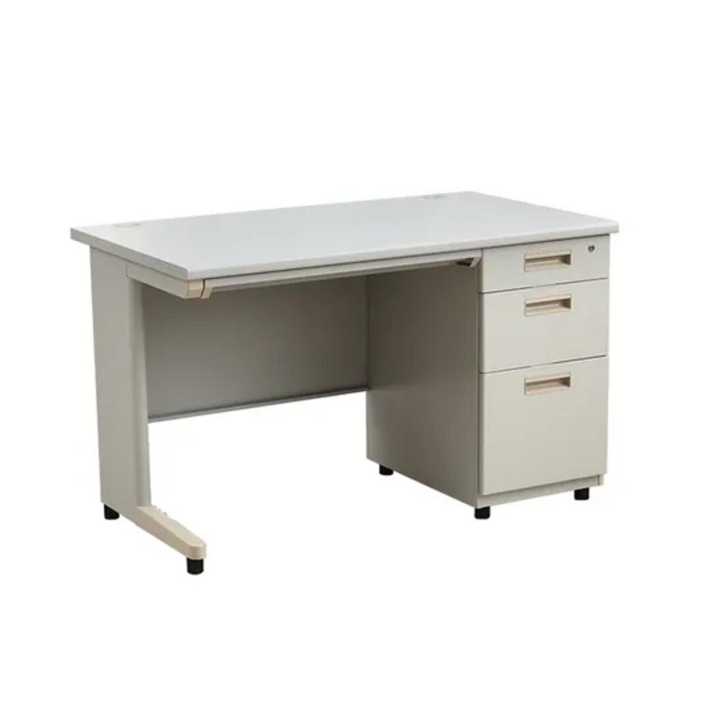 comparison table of office desks including ban bs14hk1 lg highlighting features like thick laminate top lockable drawers and steel frame durability