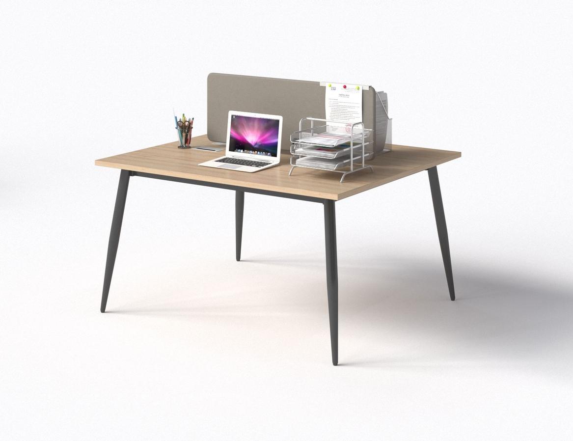 illustration of a modern office desk for two with steel legs and wooden melamine top in a clean workspace