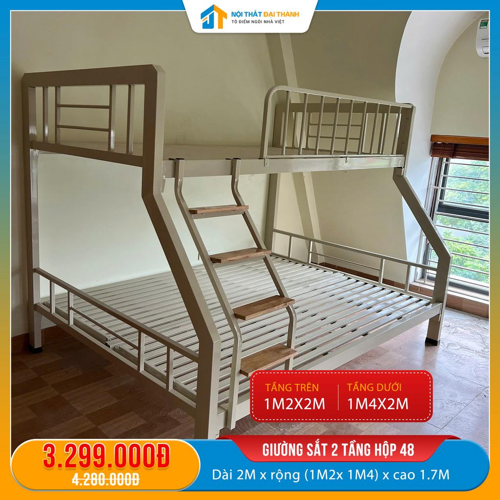 Giường sắt 2 tầng màu kem & nâu socola với bảo hành 24 tháng.