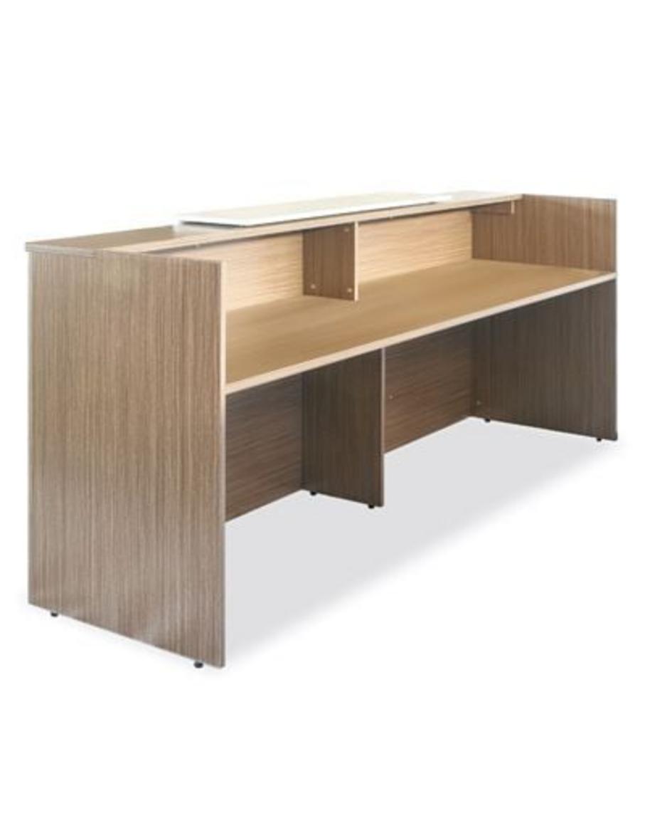 Mặt Melamine cao cấp của Quầy lễ tân QLT01 với khả năng chống trầy và dễ vệ sinh.