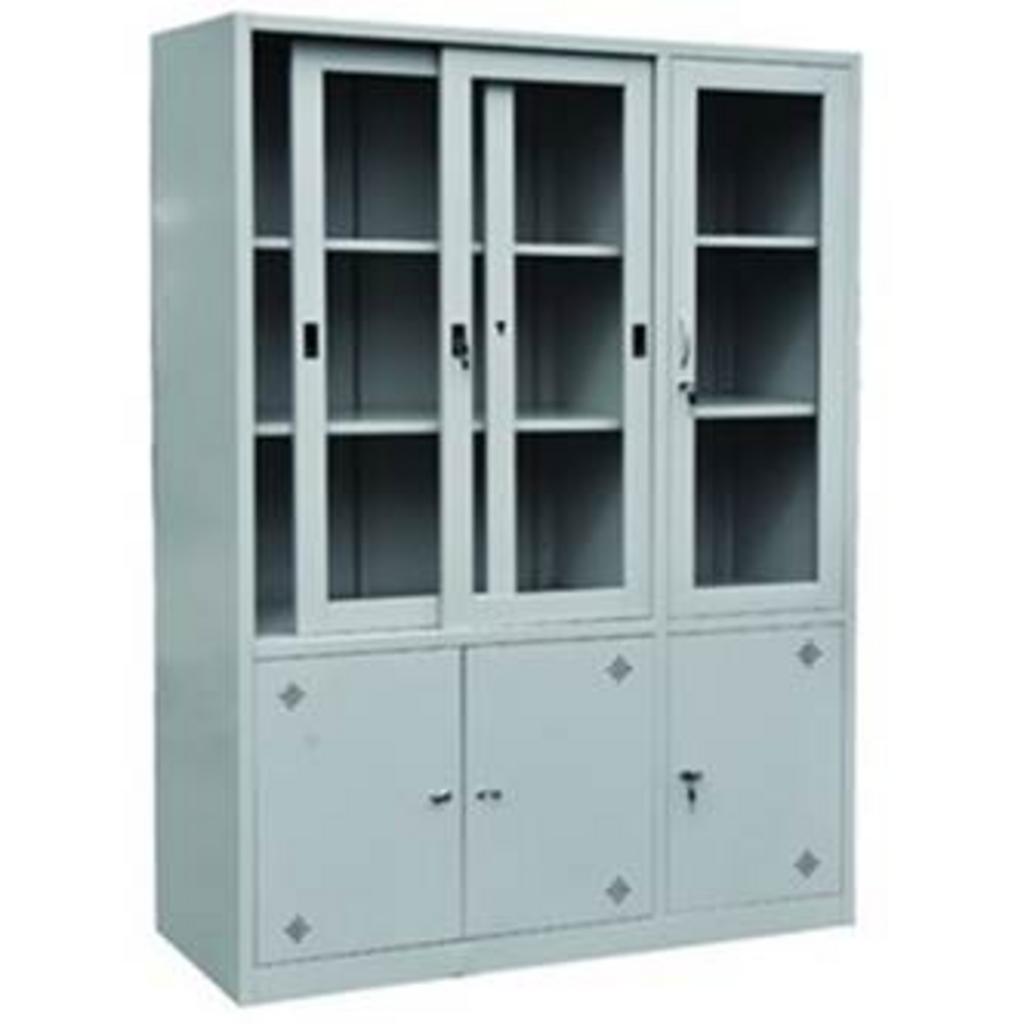 Tủ sắt hồ sơ 3 khoang 2CL1CM: thiết kế gọn gàng, kính phía trên để quan sát tài liệu.