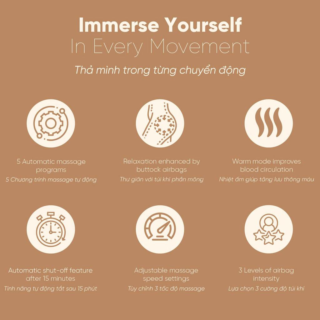 Hệ thống túi khí toàn thân ôm sát, giảm căng cơ từng vùng.