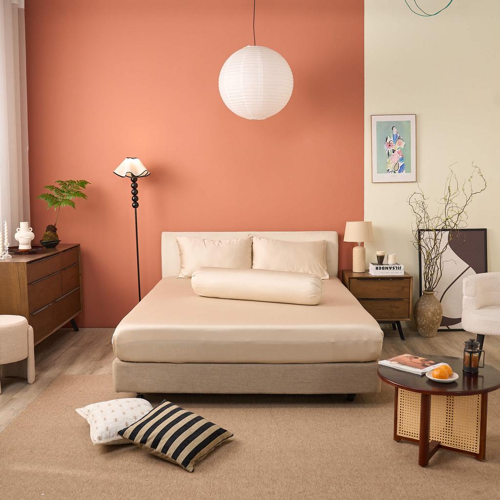 Hero image: Bộ ga chun Amando Wellness Tencel Luxe trên giường hiện đại, nhấn vào kết cấu và độ mượt.