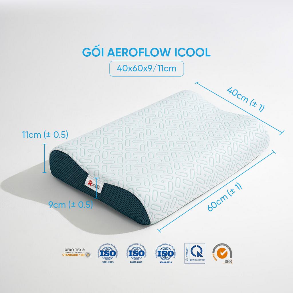 Hero image: Gối Aeroflow iCool trên giường — thể hiện thiết kế lượn sóng và vỏ làm mát.