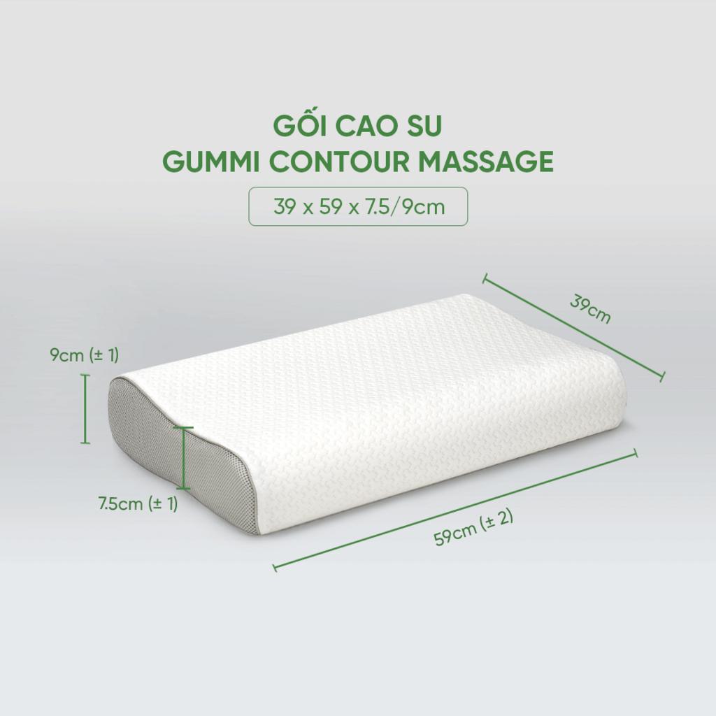 Gối Gummi Contour Massage đặt gọn trên giường hiện đại — ôm cổ tự nhiên, bề mặt gai massage.