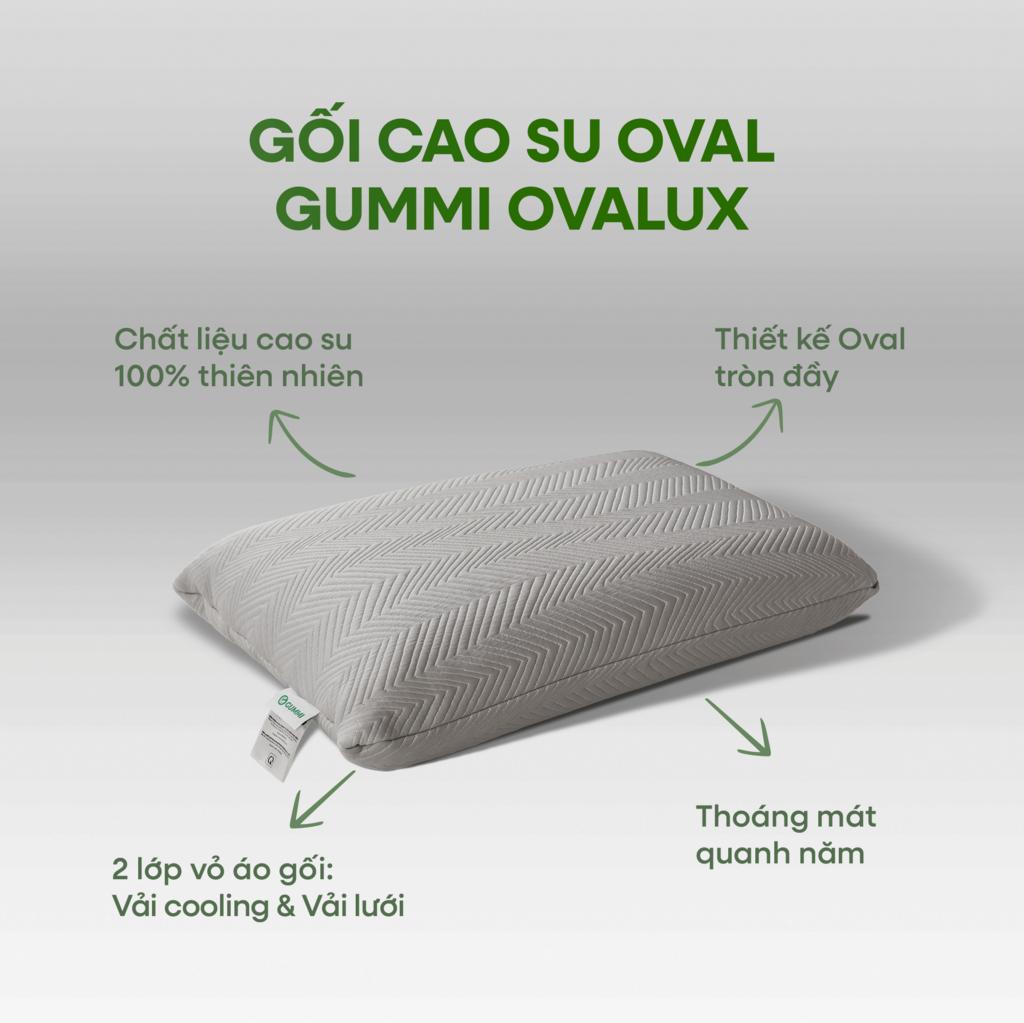 Gummi Ovalux — Thiết kế oval ôm sát đầu, cổ và vai; 100% cao su thiên nhiên, thoáng khí.