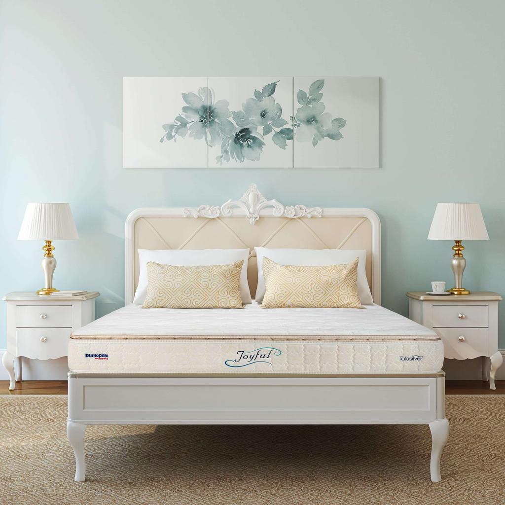 Hero image: Nệm lò xo Dunlopillo Joyful dày 28cm — góc nghiêng hiển thị lớp 28cm và logo thêu cao cấp.