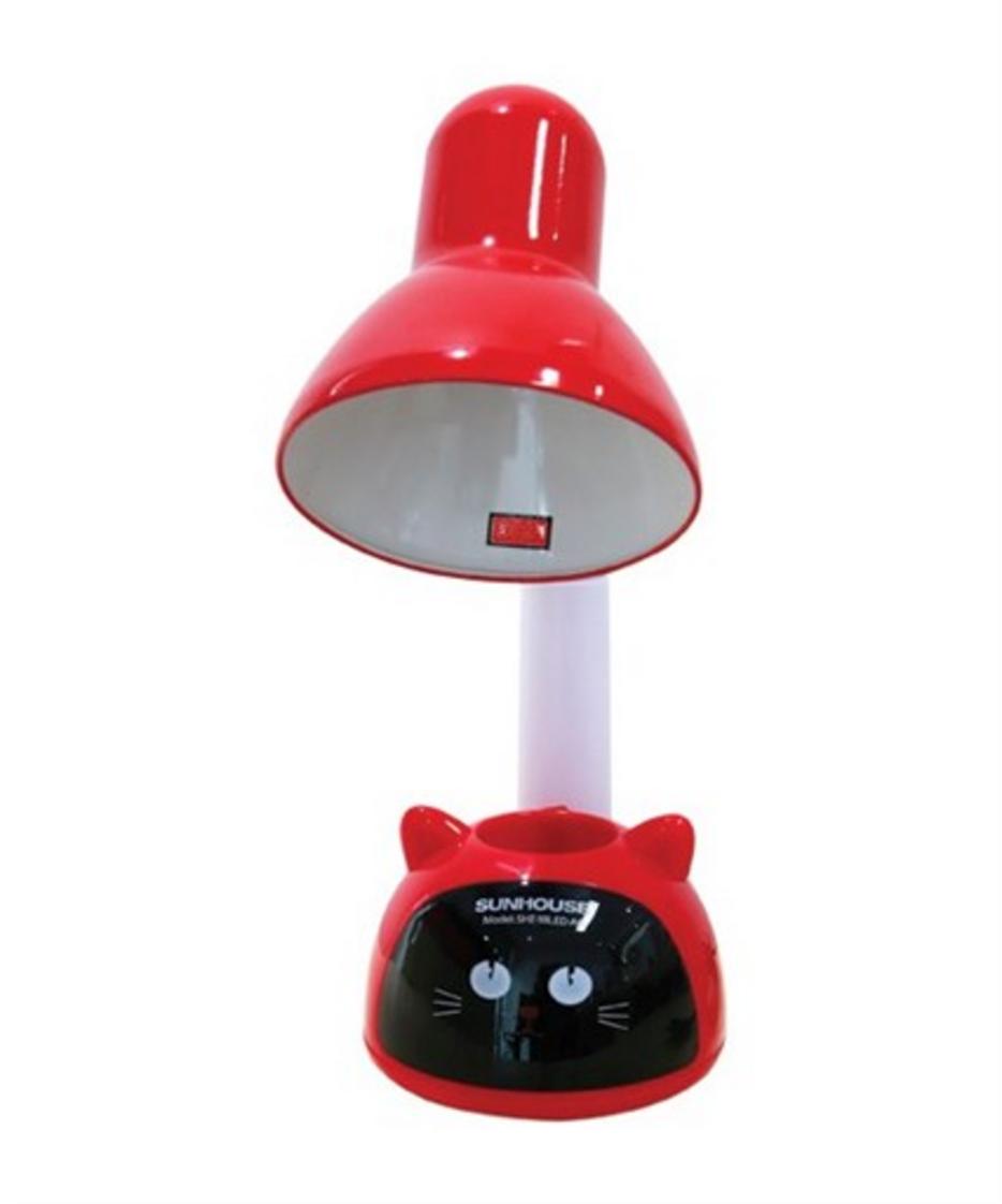 Đèn bàn Sunhouse SHE-18LED-A6 — thiết kế hình mèo, hộc bút tích hợp, ánh sáng vàng ấm.