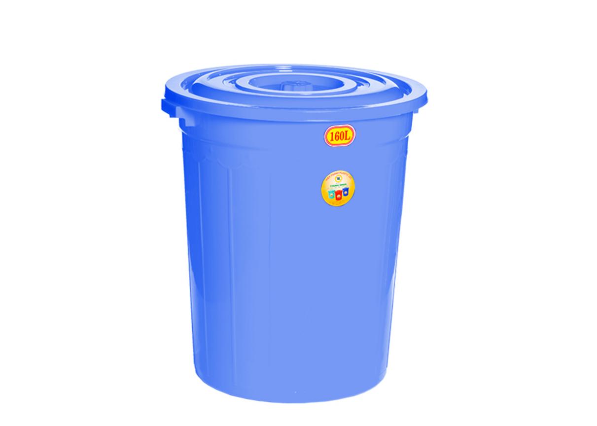 Thùng 160 lít (PP nguyên sinh) — nắp kín, chịu lực, nhiều màu để phân loại nhanh.