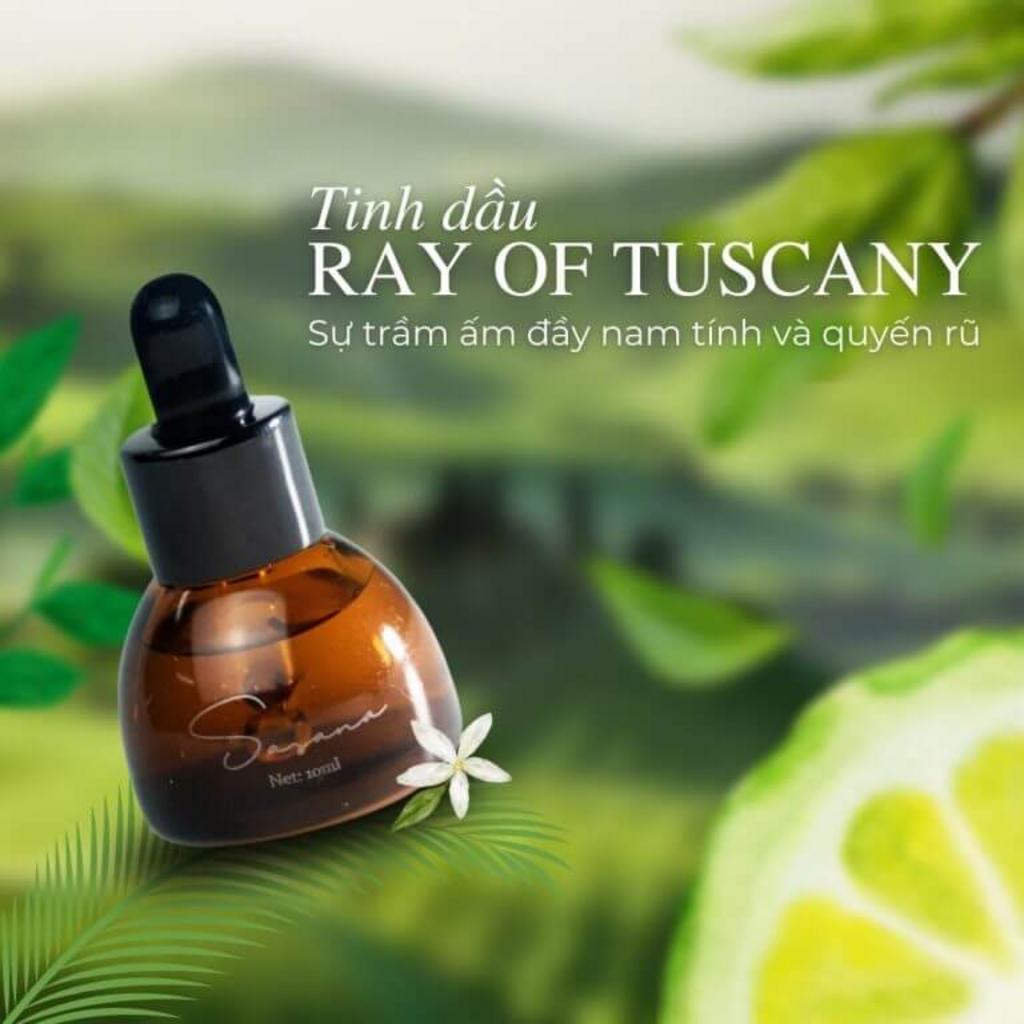 Tinh dầu Sasana Ray Of Tuscany đặt trên bàn gỗ kiểu Tuscany — chai thủy tinh và bao bì sang trọng.