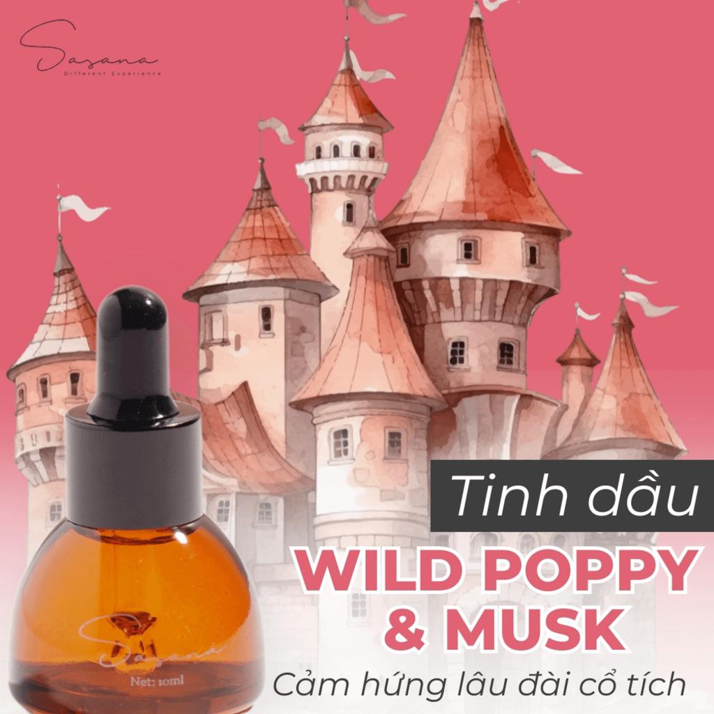 Hero image: lọ Tinh dầu Wild Poppy & Musk trên nền tối/nude, gợi cảm, phong cách lifestyle.