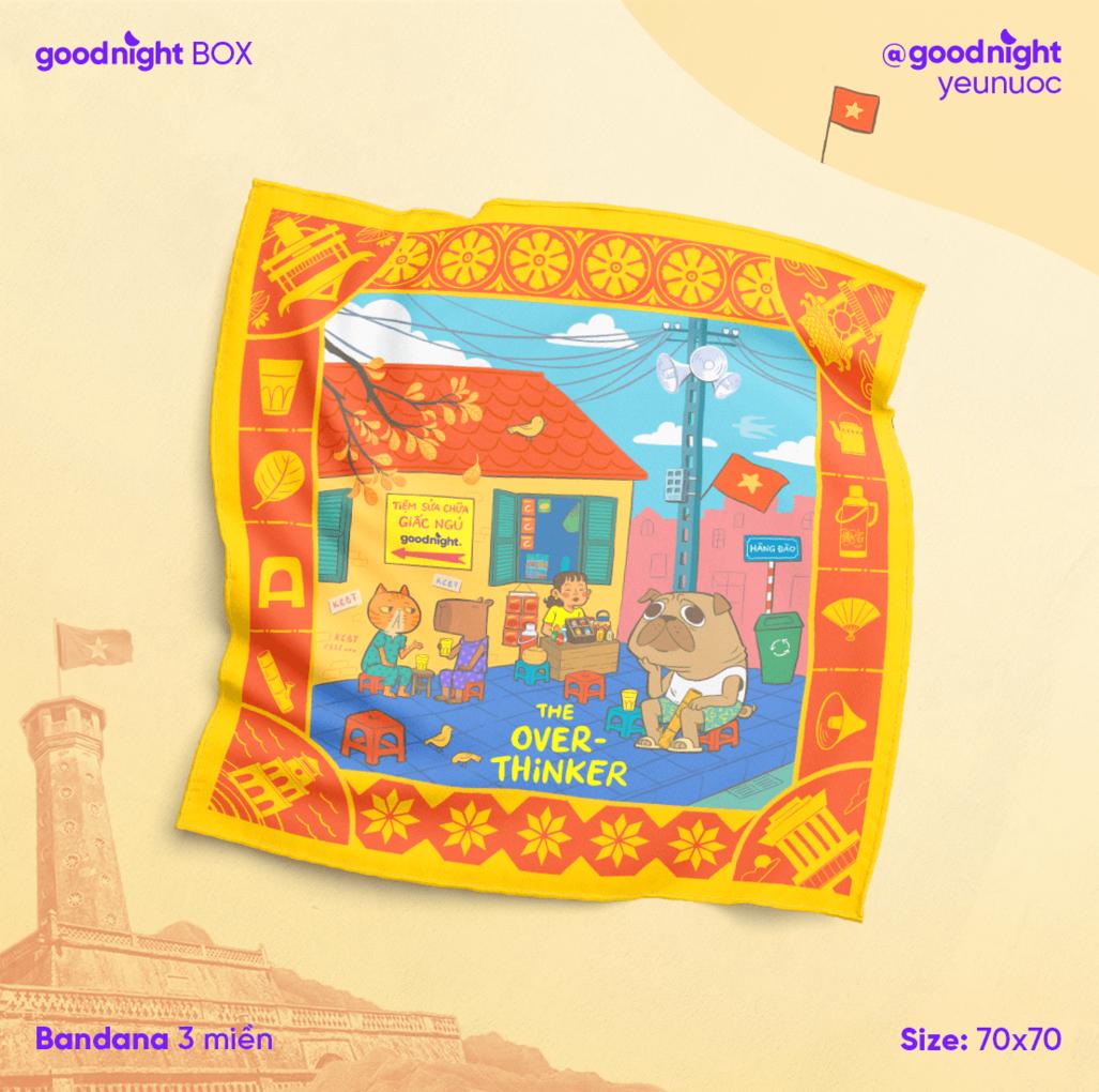 Khăn Goodnight Bandana lụa latin phiên bản linh vật — mềm mịn, sáng bóng và dễ phối đồ.