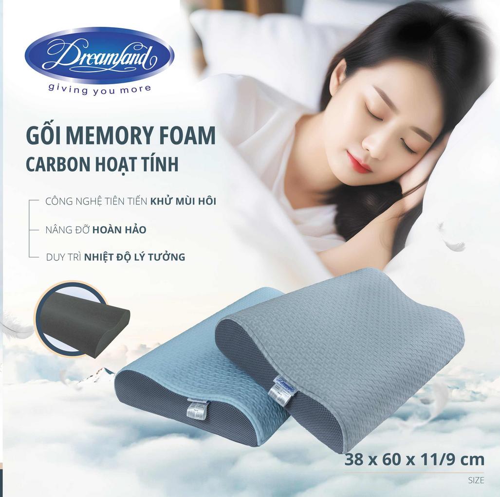Lõi memory foam định hình theo nhiệt độ & thiết kế contour 9–11 cm hỗ trợ cổ gáy.