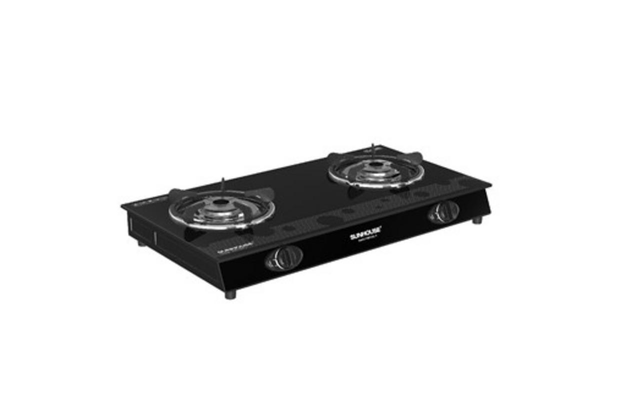 BẾP GAS DƯƠNG KÍNH SUNHOUSE SHB31032-V: bếp đôi mặt kính sáng bóng, đầu đốt đồng, kiềng 5 chân vững chắc.