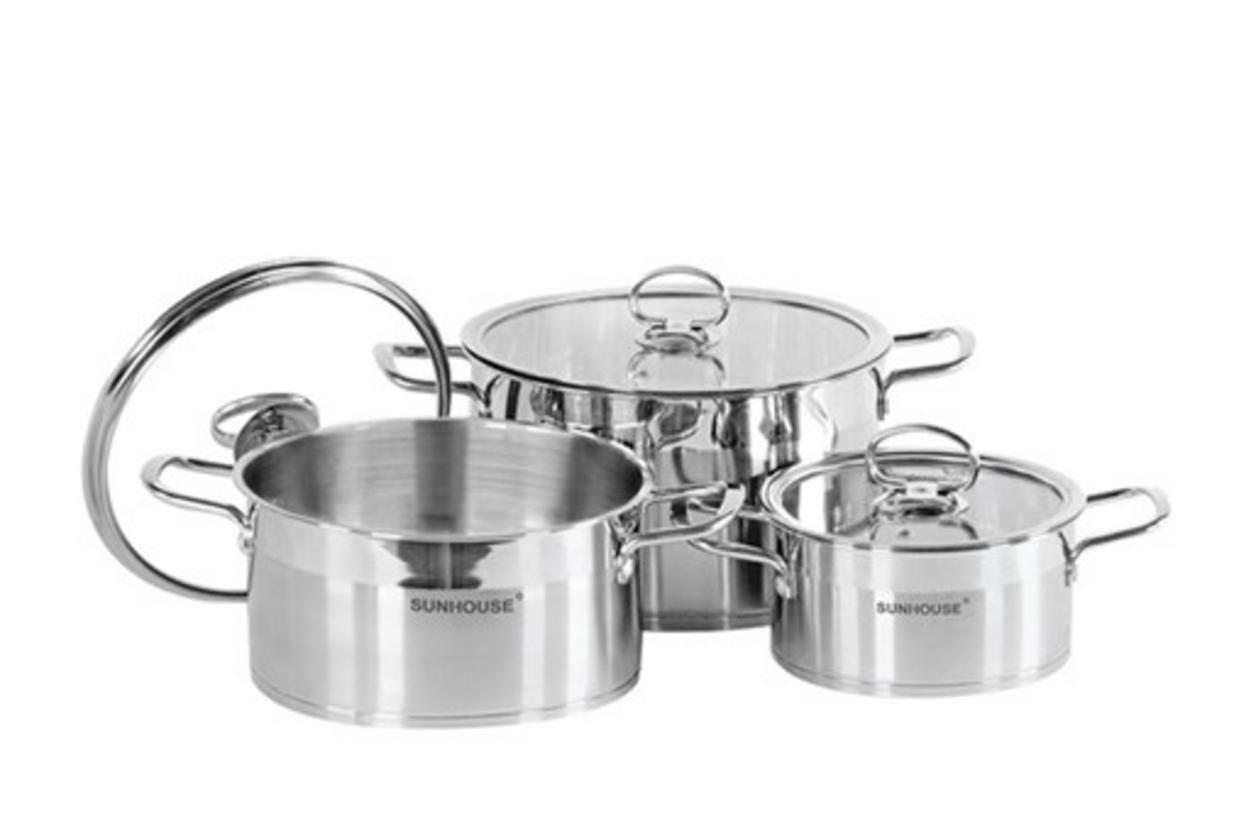 Bộ nồi inox 5 đáy Sunhouse Mama SH784 — hoàn thiện sáng bóng, vung kính quan sát tiện lợi.