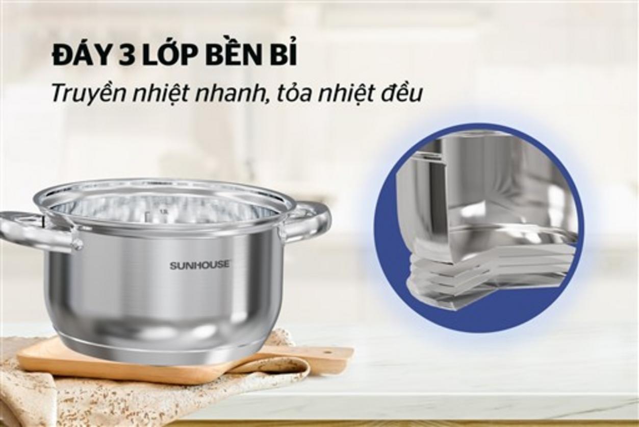 Minh hoạ cấu trúc đáy 3 lớp: truyền nhiệt nhanh và tỏa đều.