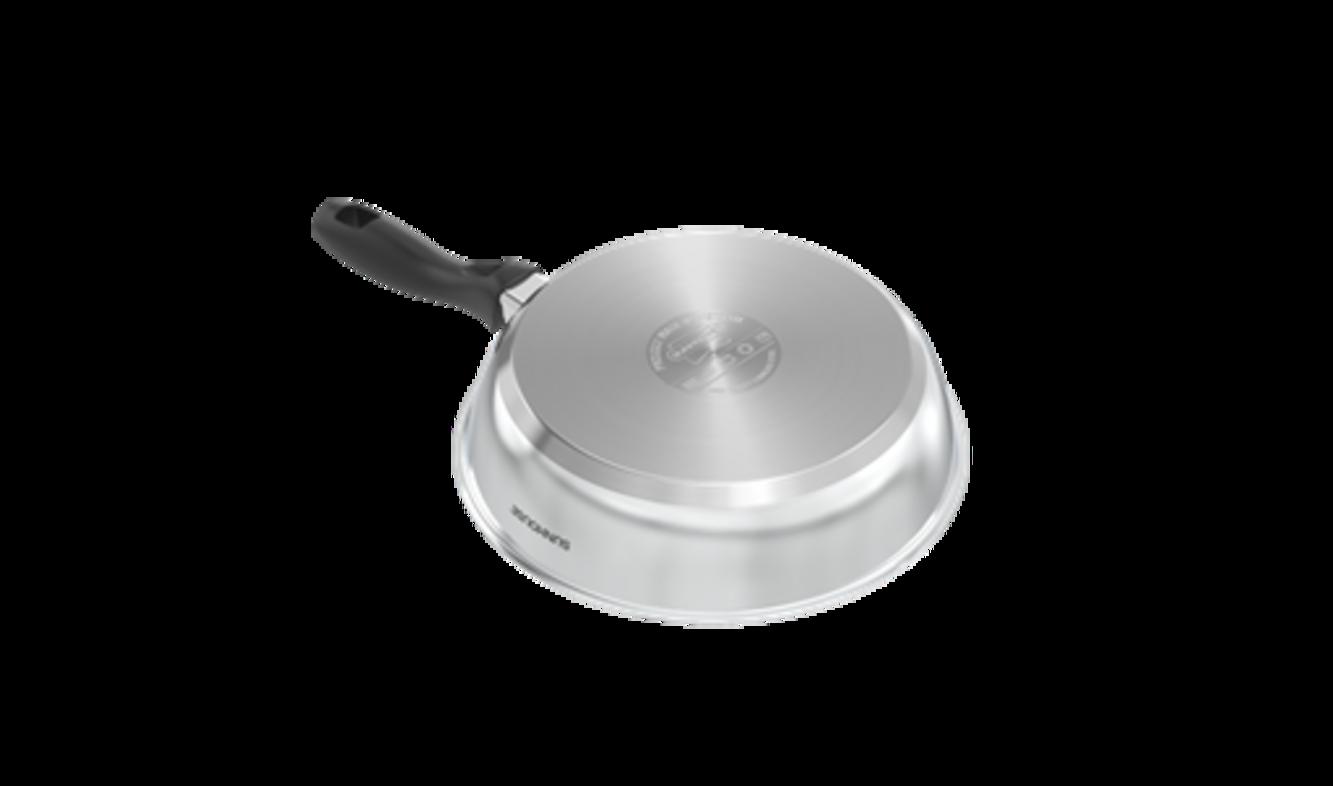 Đáy 3 lớp (Inox 430–Nhôm–Inox 430) dập Impact Bonding — phẳng, bền, truyền nhiệt đều.