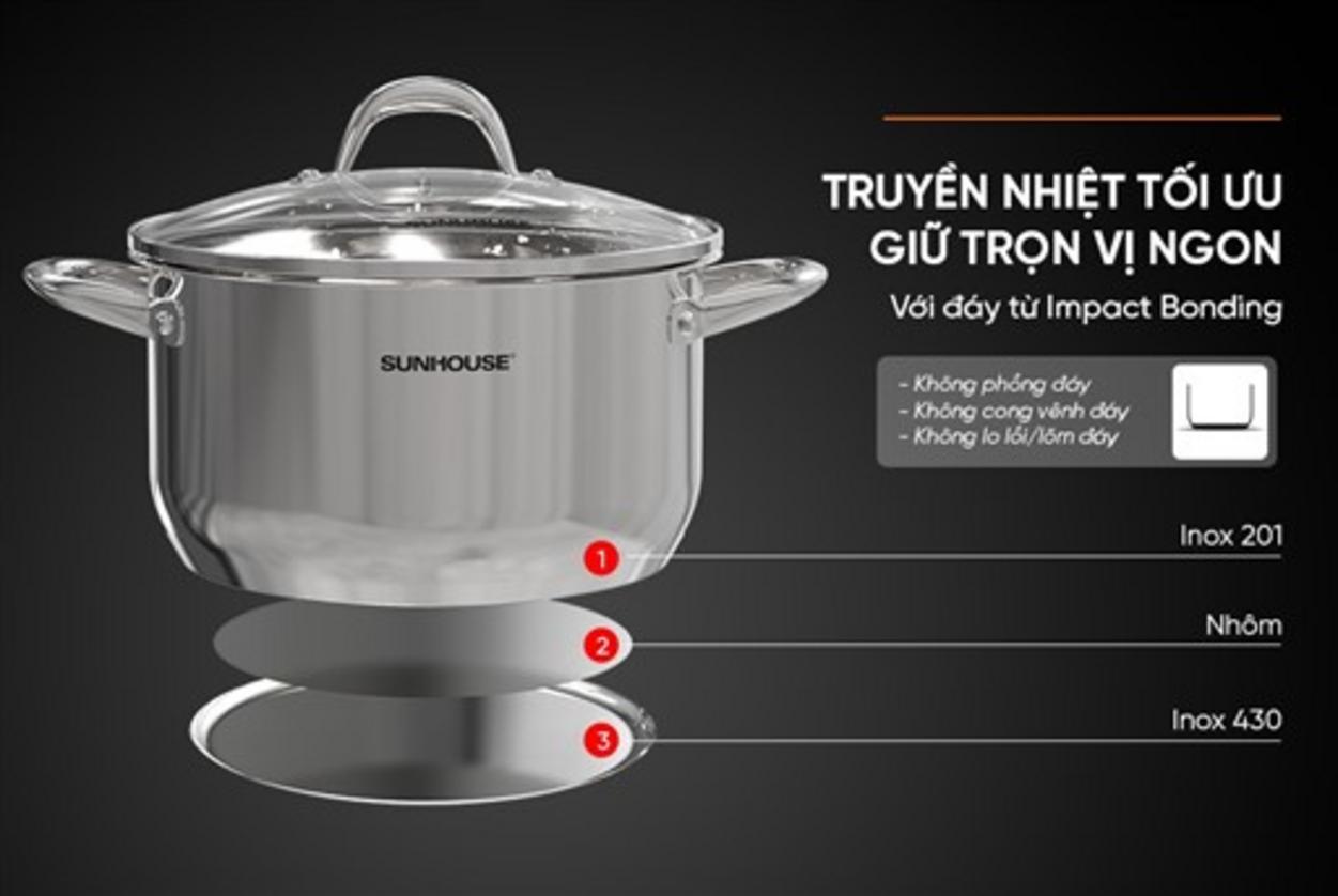 Đáy 3 lớp Impact Bonding — truyền nhiệt nhanh, phẳng và bền.